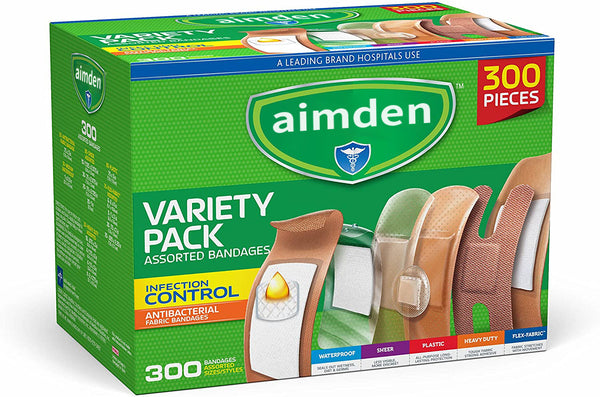 aimden Bandages Variety Pack 300 Pieces, Including Antibacterial, Heavy Duty, Fabric, and Waterproof Bandages